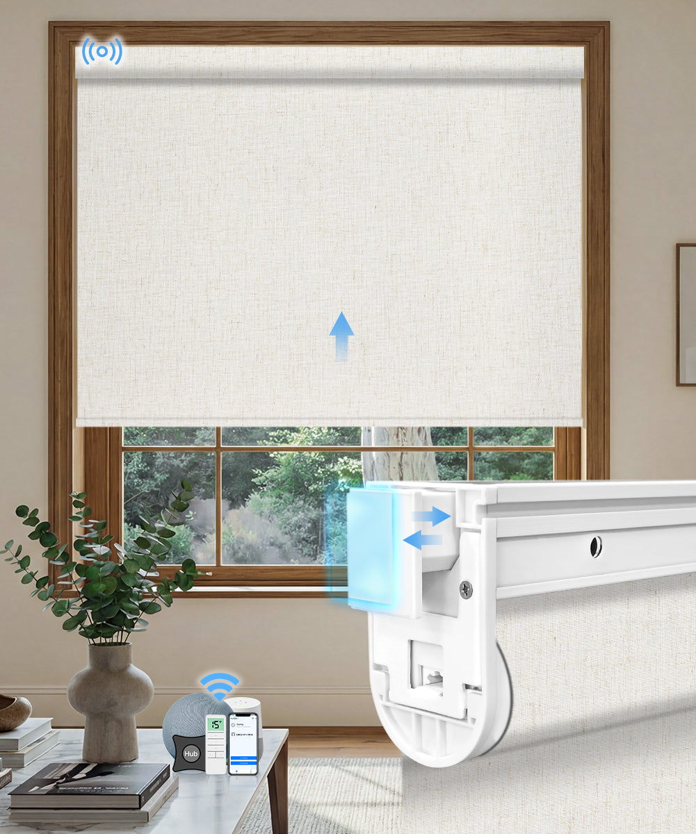 No drill motorized blackout roller shade texture white